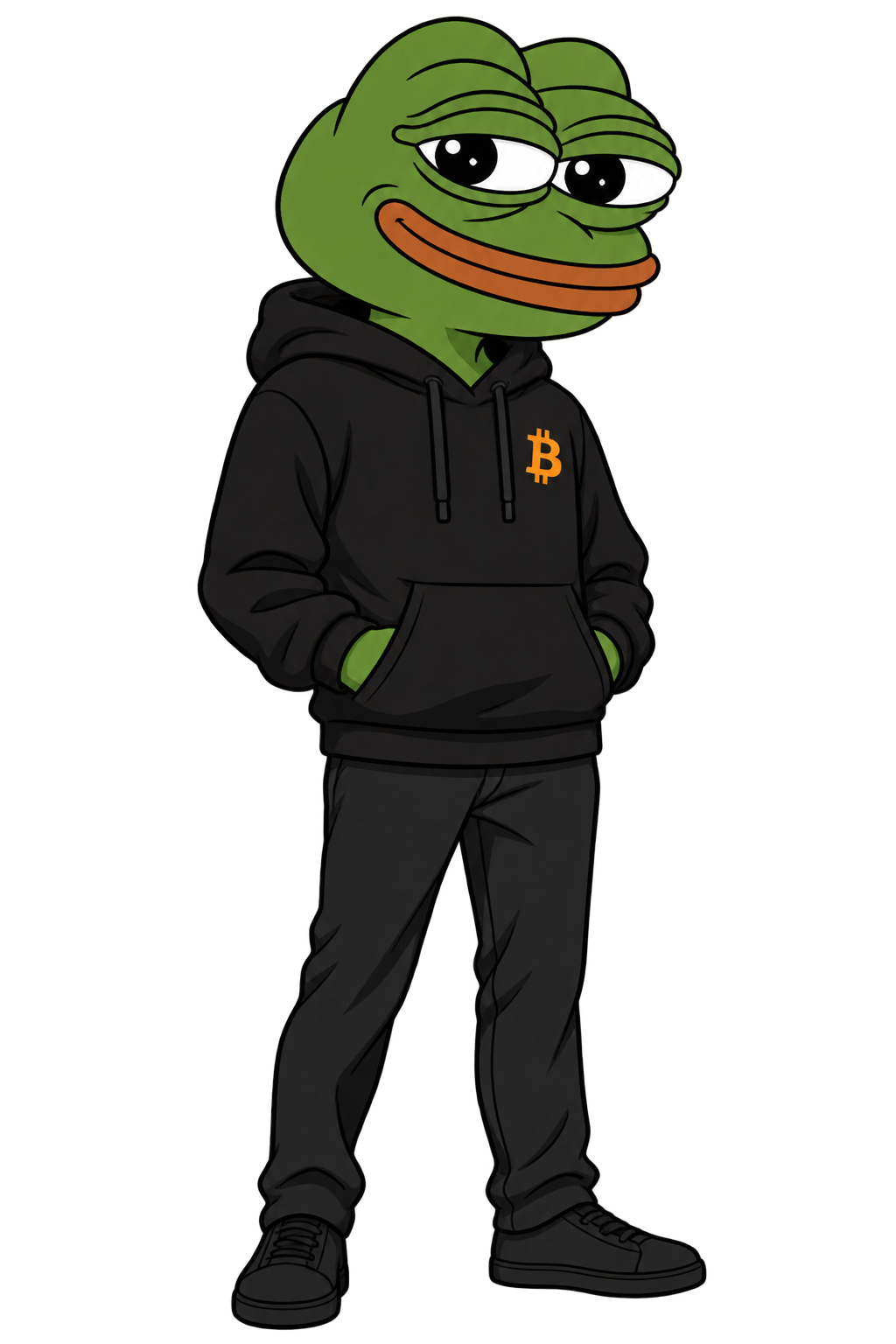 Bitcoin PEPE wearing a black hoodie with an orange Bitcoin symbol
